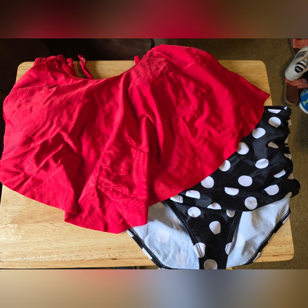 Red Skirt and Polka Dot Swimsuit Set